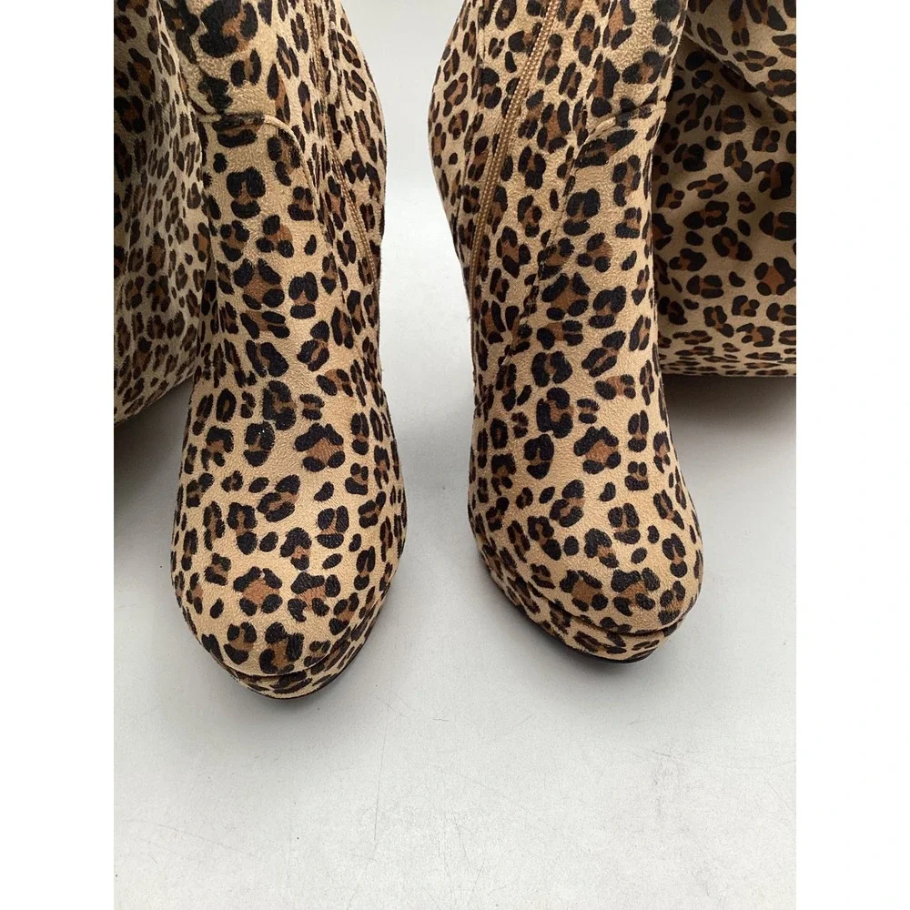 AmiClubwear Leopard Print Over The Knee Platform Stiletto Boots Brown Tan Sz‎ 10